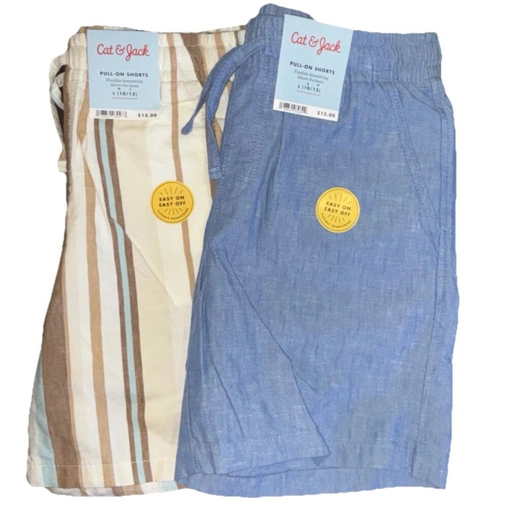 Cat & Jack Boys Pull-On Shorts L (10/12) Blue Striped Beige Brown White Lot of 2